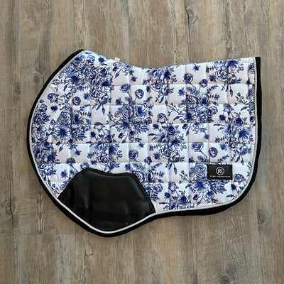 rebel equestrian blue rose jump saddle pad blue floral white background