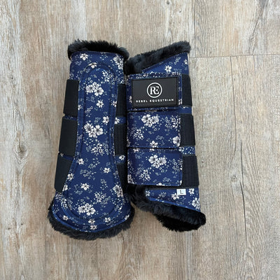 rebel equestrian navy floral brushing boots dressage boots black straps